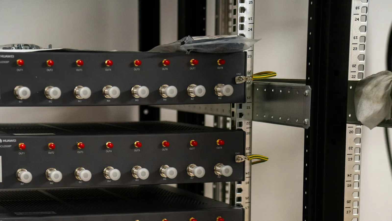 A server rack with network equipment