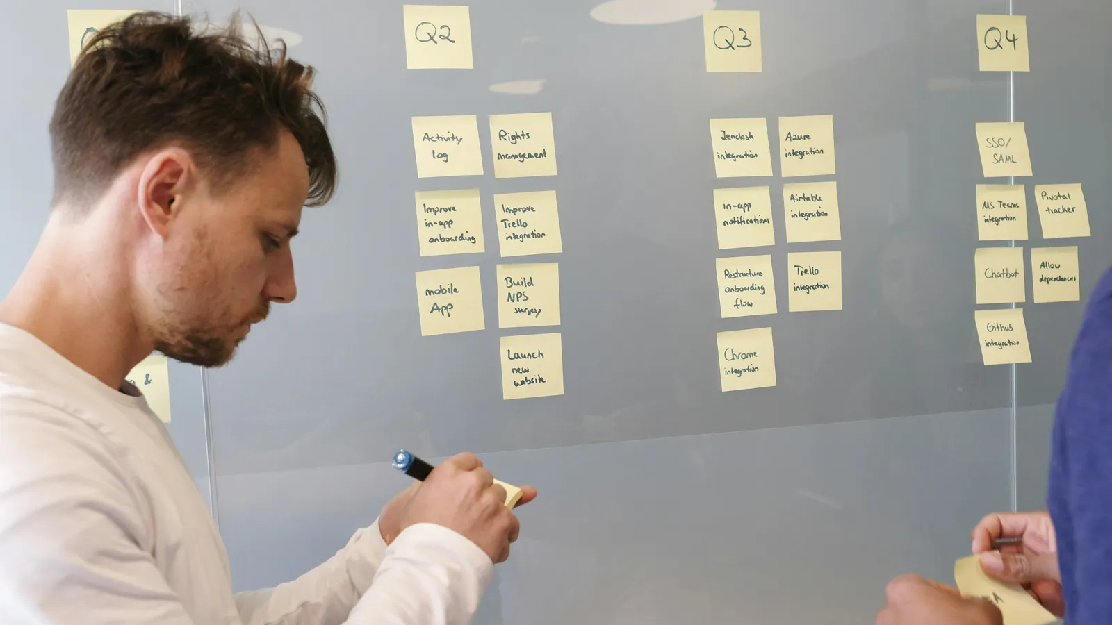 Two people planning on a wall of notes